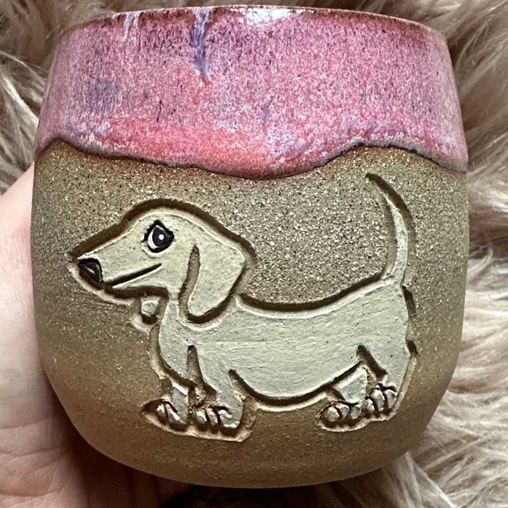 Pink Salt Ceramics Dachshund Handcrafted Pink and Tan Dog Mug One of a Kind